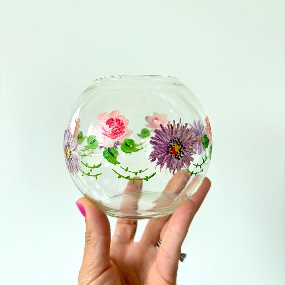 Vintage Hand Painted Floral Glass Fish Bowl Vase Pink Roses Purple Asters 4in